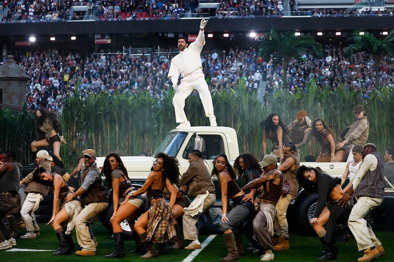 Bad Bunny performs the halftime show. The New England Patriots and Seattle Seahawks played in Super Bowl LX at Levi's Stadium on February 8, 2026.