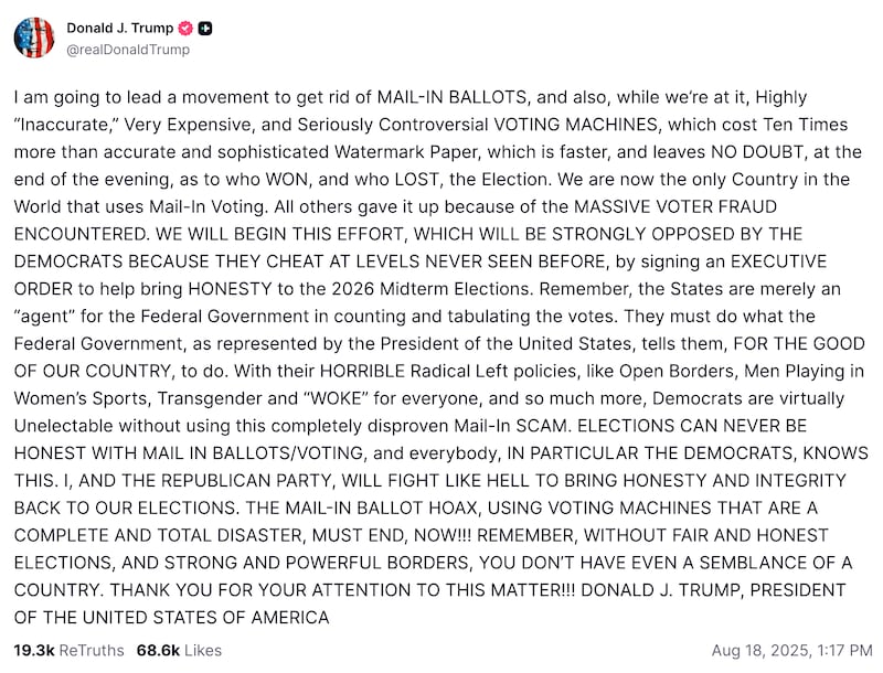 Trump's August 2025 Truth Social post about mail-in voting.
