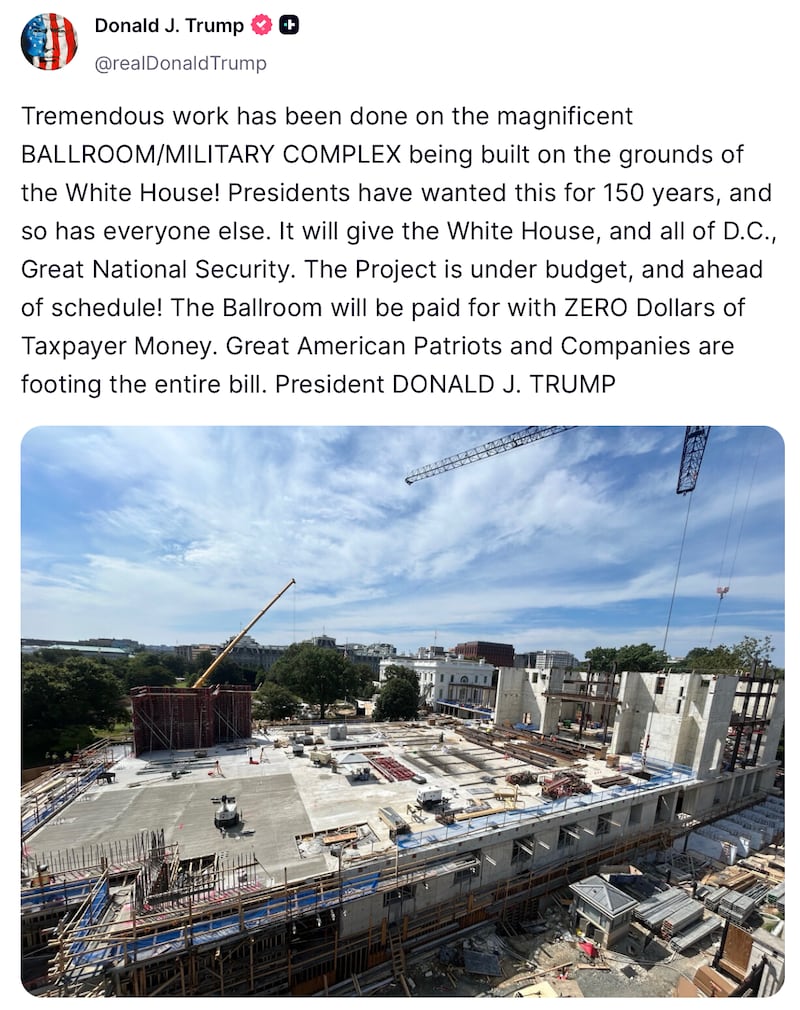 Donald Trump posts about the construction of his ballroom.