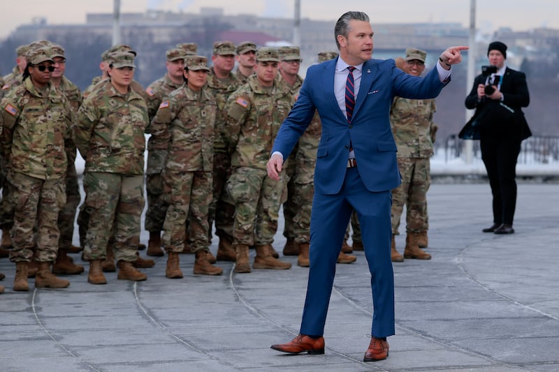 U.S. Secretary of War Pete Hegseth address a group of National Guard troops before conducting their re-enlistment ceremony at the base of the Washington Monument on February 06, 2026 in Washington, DC.