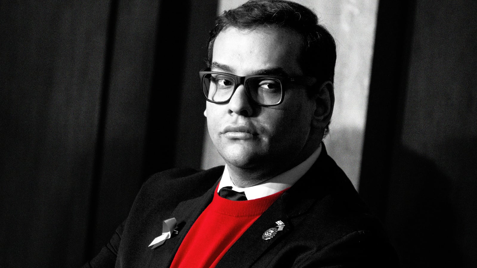 An illustration including a photo of George Santos