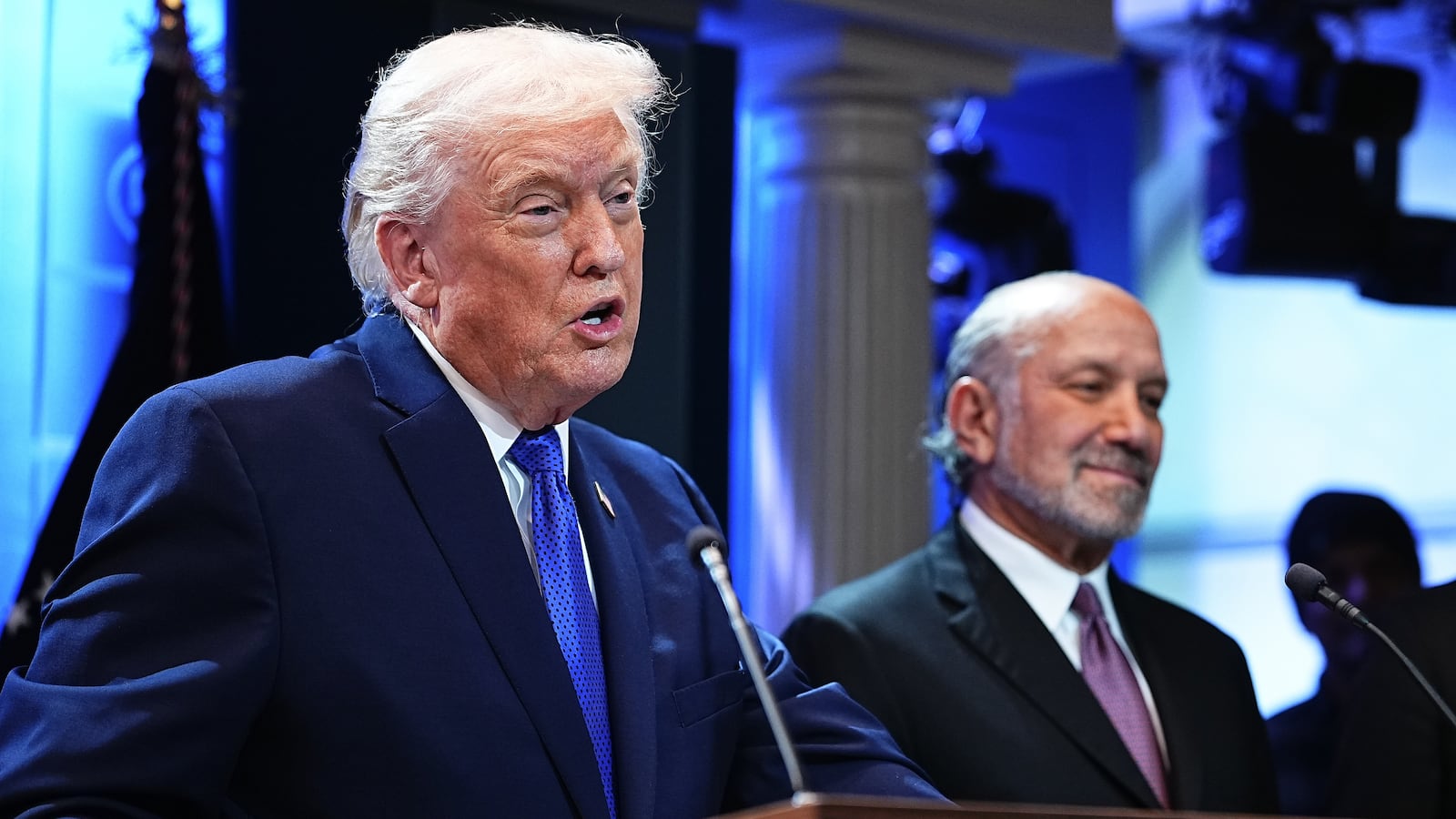 WASHINGTON, DC - FEBRUARY 20: U.S. President Donald Trump speaks during a press briefing held at the White House February 20, 2026 in Washington, DC. The U.S. Supreme Court today ruled against Trump’s use of emergency powers to implement international trade tariffs, a central portion of the administration’s core economic policy. Also pictured (L-R) are U.S. Solicitor General John Sauer, Secretary of Commerce Howard Lutnick, and U.S. Trade Representative Jamieson Greer. (Photo by Aaron Schwartz/Getty Images)