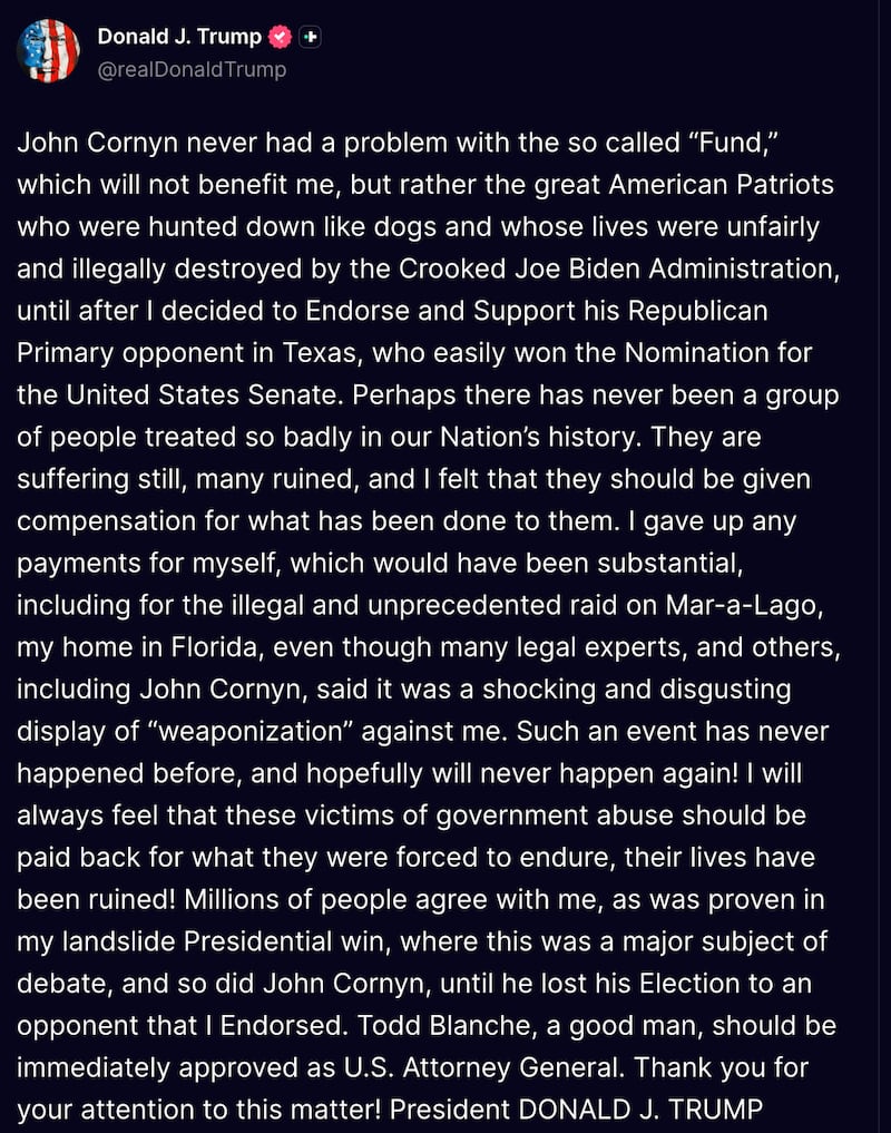 Screengrab of Trump’s Truth Social post