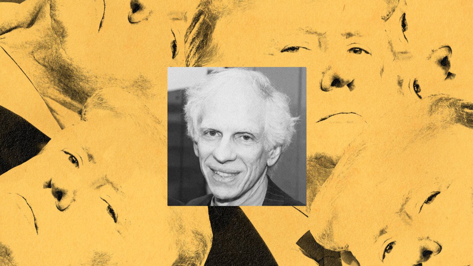 A photo illustration shows a black and white photo of Arthur Engoron surrounded by Donald Trump in yellow and black