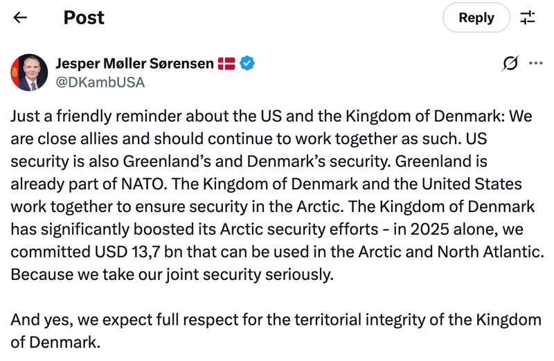 Denmark's ambassador to the U.S. wasn't taking Miller's threats quietly.