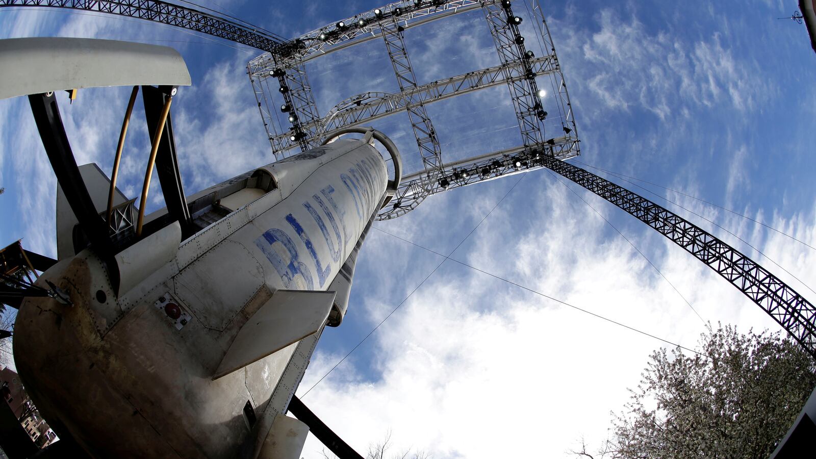 A general view of the Blue Origin New Shepard rocket booster at the 33rd Space Symposium in Colorado Springs, Colorado.