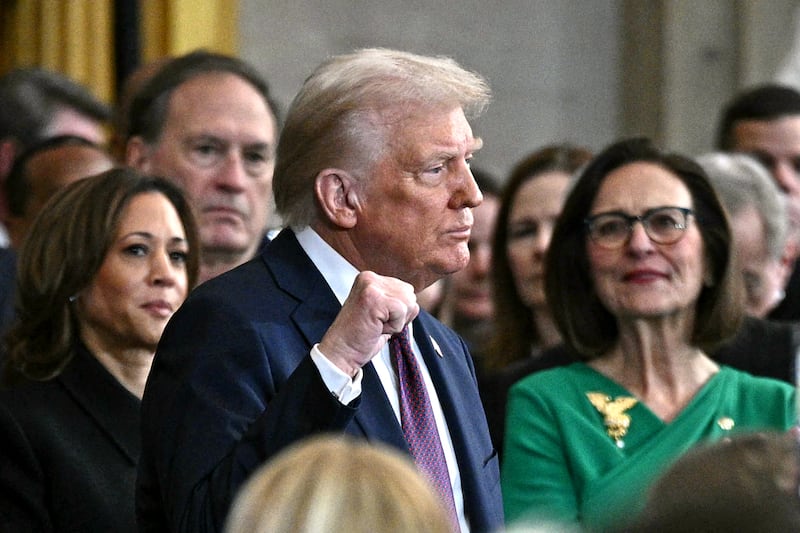 US President Donald Trump pumps his fist before delivering his inaugural address after being sworn in as the the 47th president of the United States in the Rotunda of the US Capitol on January 20, 2025 in Washington, DC. (Photo by Brendan SMIALOWSKI / AFP) (Photo by BRENDAN SMIALOWSKI/AFP via Getty Images)