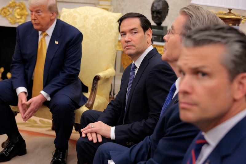 WASHINGTON, DC - JULY 22: U.S. Secretary of State Marco Rubio attends a meeting with President Donald Trump and Philippine President Ferdinand Marcos Jr. in the Oval Office at the White House on July 22, 2025 in Washington, DC. Trump and Marcos are expected to discuss trade tariffs, increasing security cooperation in the face of China’s growing maritime power in the West Philippine Sea and other topics. Rubio was joined by Treasury Secretary Scott Bessent and Secretary of Defense Pete Hegseth. (Photo by Chip Somodevilla/Getty Images)