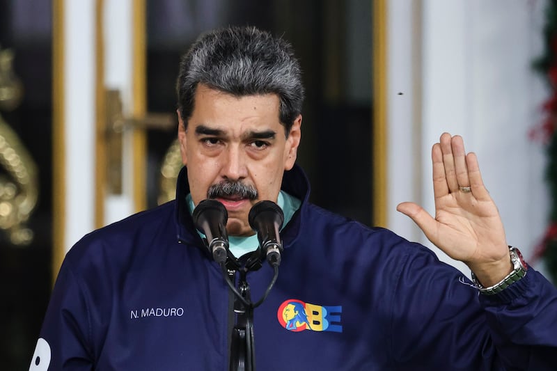 CARACAS, VENEZUELA - NOVEMBER 21: President of Venezuela Nicolás Maduro speaks during a march as part of the "Venezuelan Student Day" at Miraflores on November 21, 2025 in Caracas, Venezuela. (Photo by Jesus Vargas/Getty Images)