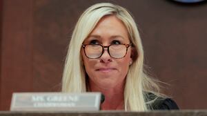 WASHINGTON, DC - FEBRUARY 26: Chair of the Subcommittee on Delivering On Government Efficiency (DOGE) U.S. Rep. Marjorie Taylor Greene (R-SC) presides over a hearing of the House Oversight Subcommittee in the U.S. Capitol on February 26, 2025 in Washington, DC. The subcommittee held the hearing to hear from witnesses on U.S. foreign aid. (Photo by Anna Moneymaker/Getty Images)