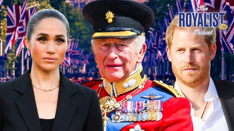 A photoillustration illo for The Royalist of Meghan Markle, King Charles, and Prince Harry.