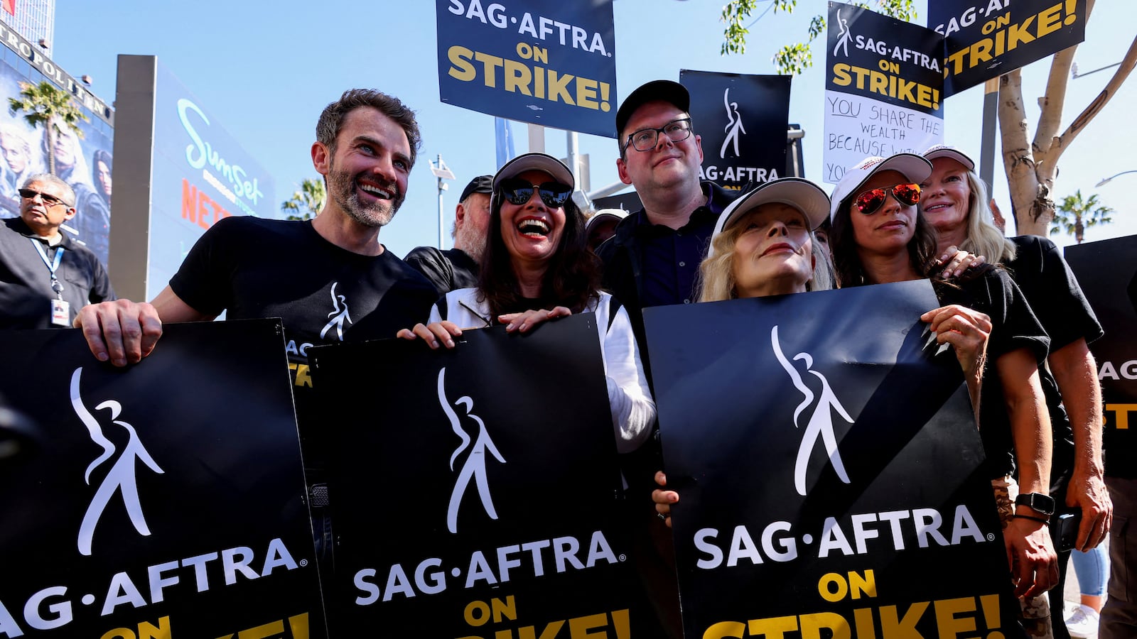 SAG-AFTRA union President Fran Drescher and Duncan Crabtree-Ireland, SAG-AFTRA National Executive Director and Chief Negotiator, demonstrate as SAG-AFTRA actors join the Writers Guild of America