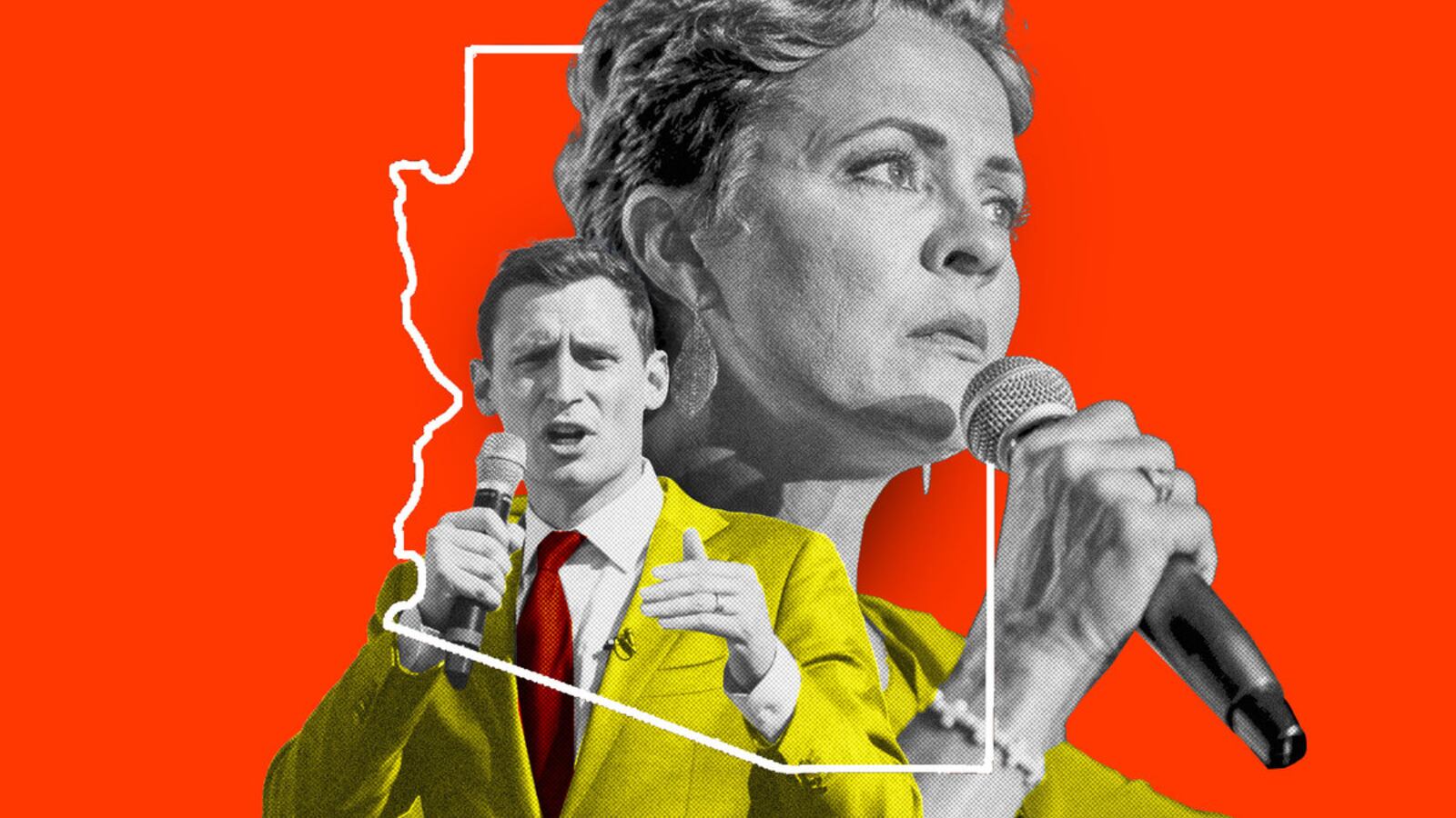 A photo illustration of Blake Masters and Kari Lake inside of the outline of Arizona