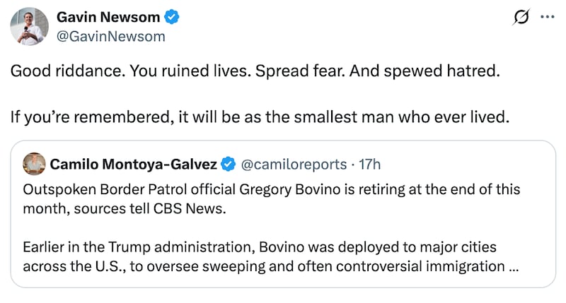 Newsom needles Bovino on X.