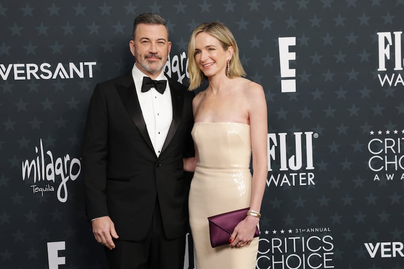 Jimmy Kimmel and Molly McNearney attend the 31st Annual Critics Choice Awards at Barker Hangar on January 04, 2026 in Santa Monica, California.