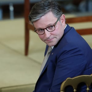 Speaker of the House Mike Johnson waits for U.S. President Donald Trump to arrive to an event to welcome the Louisiana State University (LSU) and LSU-Shreveport 2025 national champion baseball teams in the East Room of the White House on October 20, 2025 in Washington, DC.