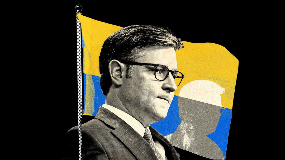 A photo illustration of Mike Johnson in front of a Ukrainian flag.