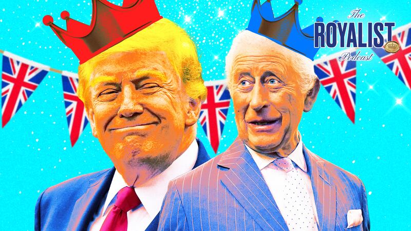 A photo illustration of Donald Trump and King Charles for The Royalist podcast.