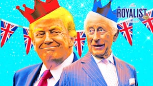 A photo illustration of Donald Trump and King Charles for The Royalist podcast.