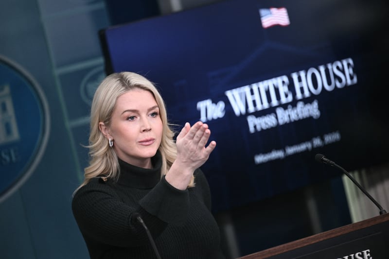 White House Press Secretary Karoline Leavitt takes questions from reporters during a press briefing in the Brady Briefing Room of the White House in Washington, DC, on January 26, 2026. (Photo by Brendan SMIALOWSKI / AFP via Getty Images)