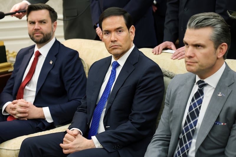 Vice President JD Vance, Secretary of State Marco Rubio and Defense Secretary Pete Hegseth look on during a bilateral meeting with President Donald Trump and German Chancellor Friedrich Merz in the Oval Office of the White House on March 03, 2026.