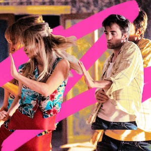 A photo illustration of Jennifer Lawrence and Robert Pattinson.