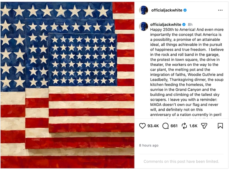 Jack White's post on Instagram calling Trump a tyrant.