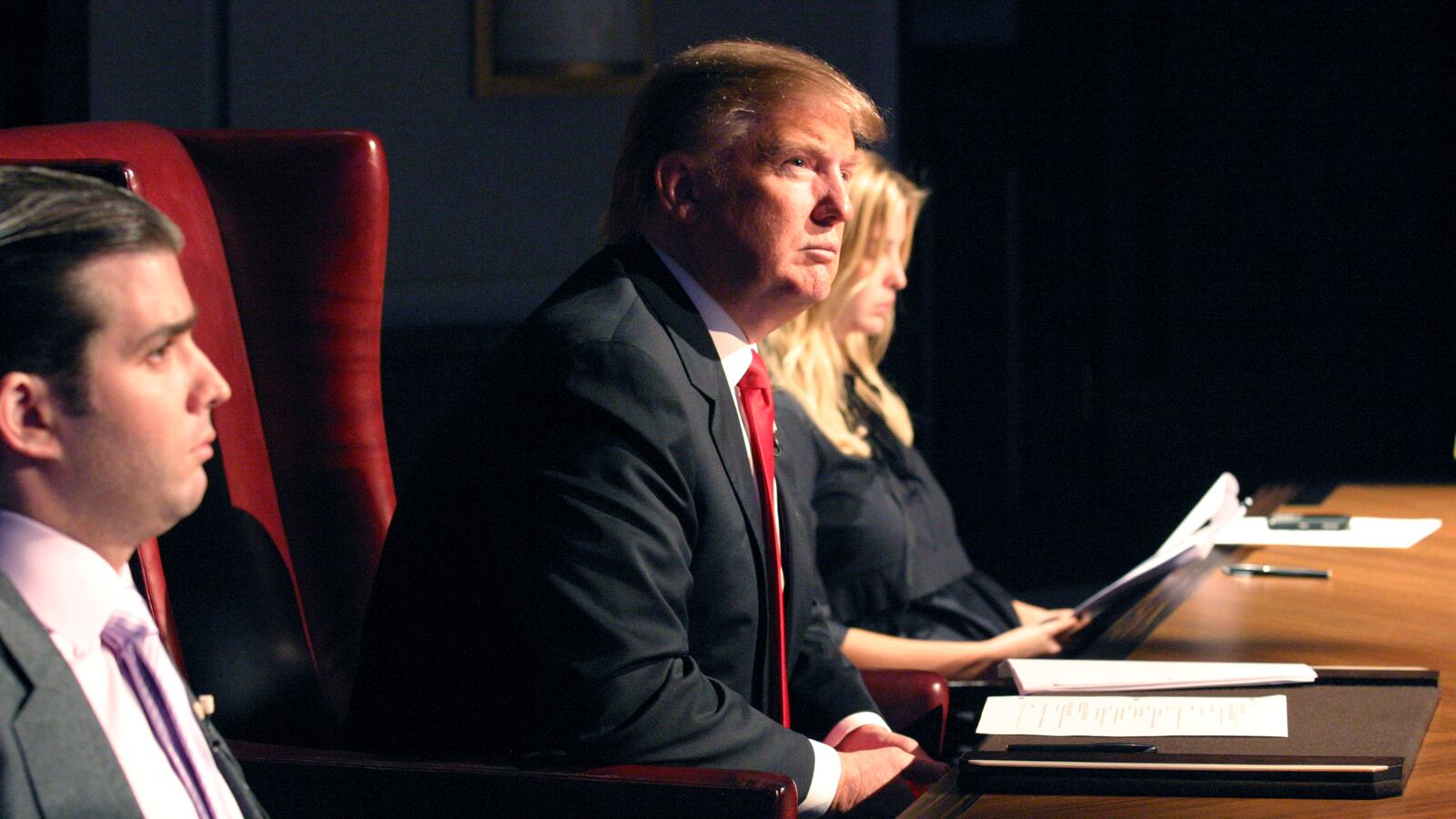 Donald Trump (center) with his fellow judges Donald Trump Jr. and Ivanka Trump film a boardroom scene for the finale episode of the 2009 season of of "The Celebrity Apprentice."