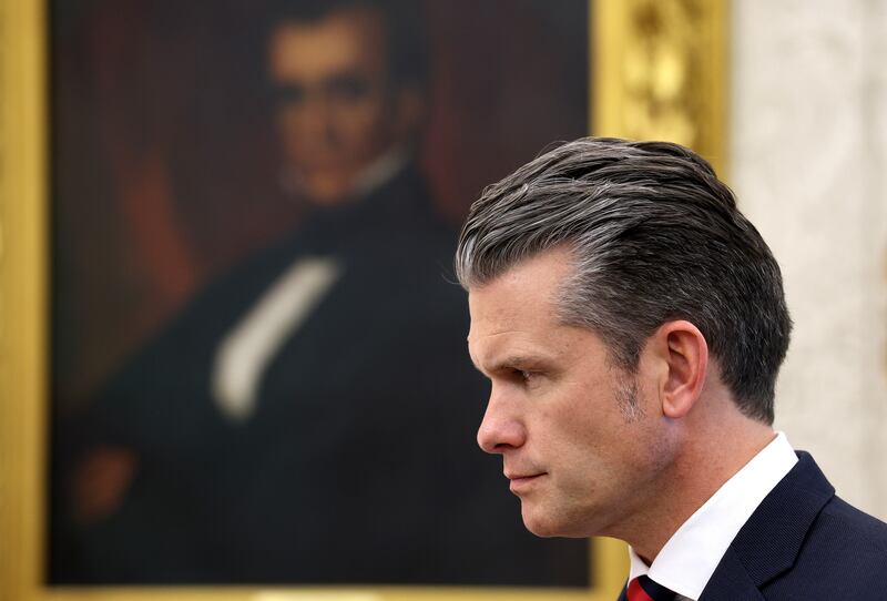 U.S. Secretary of War Pete Hegseth looks on during a bilateral meeting between U.S. President Donald Trump and Crown Prince and Prime Minister Mohammed bin Salman of Saudi Arabia in the Oval Office of the White House on November 18, 2025 in Washington, DC.