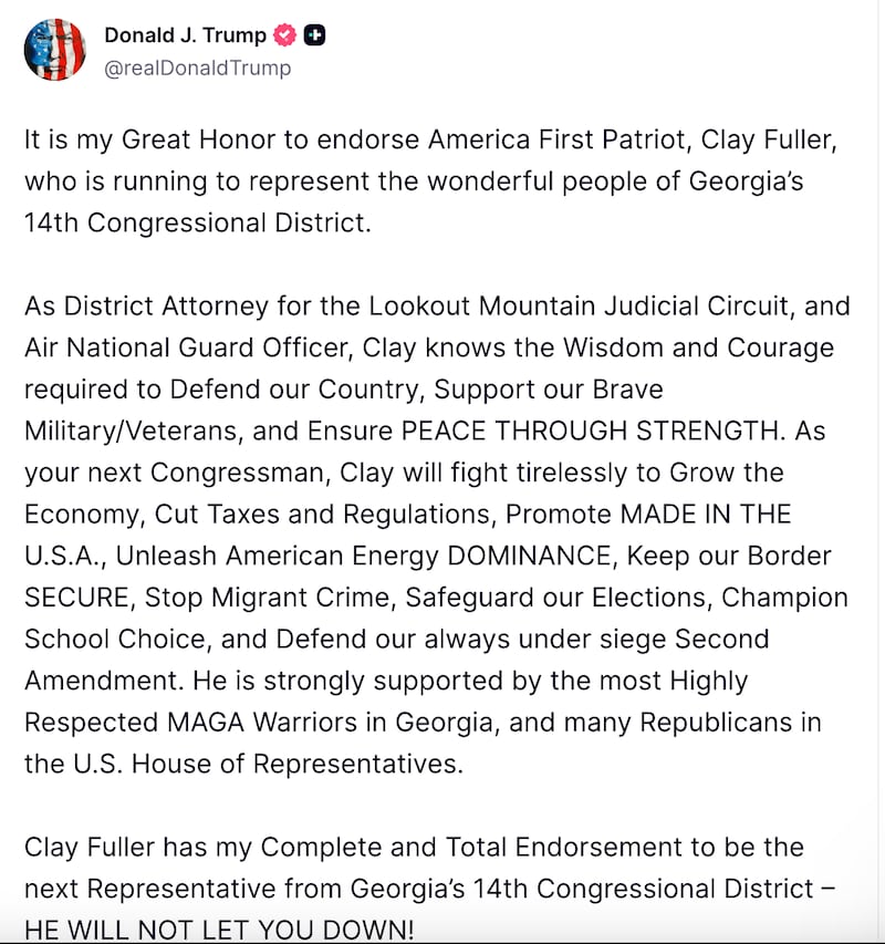 Trump backed Clay Fuller to represent Georgia's 14th congressional district on February 4.