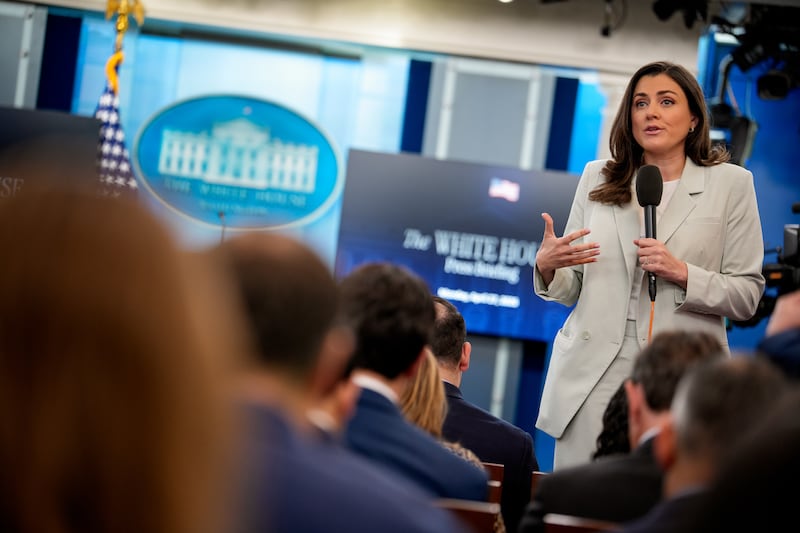 CNN Senior White House Correspondent Kristen Holmes speaks live on television before White House Press Secretary Karoline Leavitt arrives for the daily press briefing in the Brady Press Briefing Room at the White House on April 27, 2026 in Washington, DC.