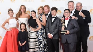 LOS ANGELES, CA - AUGUST 25: Actresses Sarah Hyland, Sofía Vergara, Aubrey Anderson-Emmons, Julie Bowen and Ariel Winter, Jesse Tyler Ferguson, Nolan Gould, Rico Rodriguez, Eric Stonestreet and Ed O'Neill, winners of the Outstanding Comedy Series Award for "Modern Family" pose in the press room during the 66th Annual Primetime Emmy Awards held at Nokia Theatre L.A. Live on August 25, 2014 in Los Angeles, California.