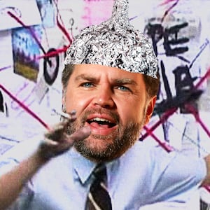 JD Vance's head with a tinfoil hat on top on the body of Charlie Day as a conspiracy theorist in an episode of It's Always Sunny in Philadelphia