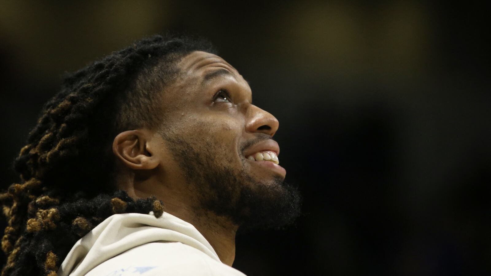 Pittsburgh, Pennsylvania, USA; Buffalo Bills and former Pittsburgh Panthers defensive back Damar Hamlin smiles while being recognized during a time-out against the Georgia Tech Yellow Jackets in the first half at the Petersen Events Center.