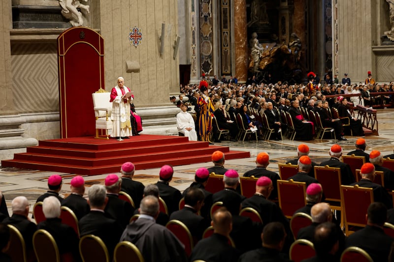 Pope Leo XIV presides over a Prayer Vigil and Rosary for Peace, in Saint Peter's Basilica at the Vatican, April 11, 2026. REUTERS/Remo Casilli