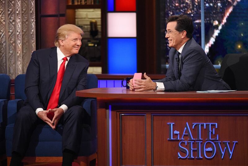NEW YORK - SEPTEMBER 22: Donald Trump talks about his US Presidential campaign  on The Late Show with Stephen Colbert, Tuesday Sept. 22, 2015 on the CBS Television Network. (Photo by Jeffrey R. Staab/CBS via Getty Images)