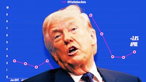 A photo illo illustration of Donald Trump in front of the CPI Inflation rate graph.