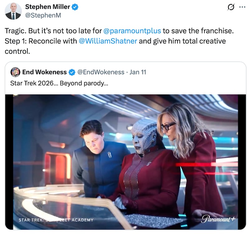 Stephen Miller posts about Star Trek on X.