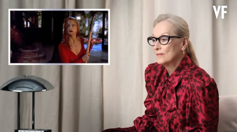 Meryl Streep rewatching clips from "Death Becomes Her."