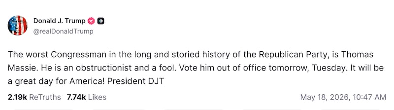 Trump blasts Rep. Thomas Massie the day before the Kentucky primary.