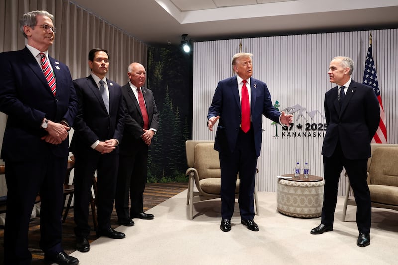 U.S. Treasury Secretary Scott Bessent, Secretary of State Marco Rubio and U.S. Ambassador to Canada Pete Hoekstra attend a meeting between U.S. President Donald Trump and Canadian Prime Minister Mark Carney, at the G7 summit in Kananaskis, Alberta, Canada,  June 16, 2025.  REUTERS/Kevin Lamarque