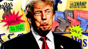 Donald Trump standing in front of RNC merch.
