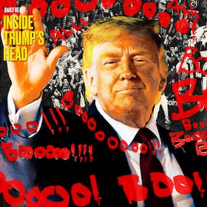 A photo illo illustration of Donald Trump and the Knicks Spurs basketball game and boos for Inside Trump's Head.