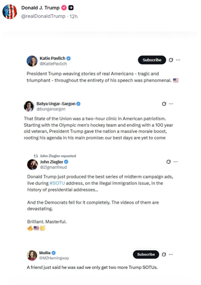 Donald Trump re-posts praise for his SOTU speech on Truth Social.