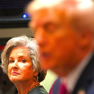 White House Chief of Staff Susie Wiles (L) looks on as US President Donald Trump (C) meets with unseen Ukrainian President Volodymyr Zelensky