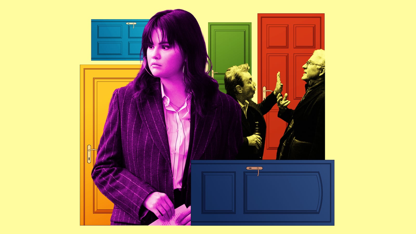 A photo illustration of Selena Gomez, Martin Short and Steve Martin on Only Murders in the Building.