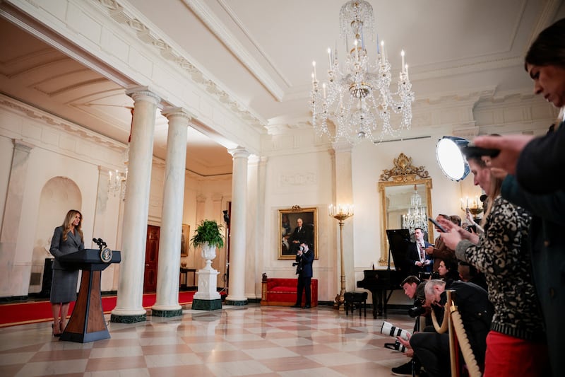 U.S. first lady Melania Trump delivers remarks regarding the late financier and convicted sex offender Jeffrey Epstein from the Grand Foyer of the White House in Washington, D.C., U.S., April 9, 2026. REUTERS/Evan Vucci