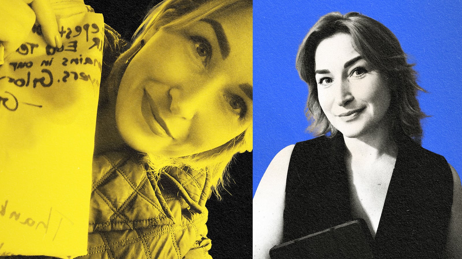 A diptych of Iryna Khoroshayeva, one of her in Ukraine holding a Ukrainian flag, the other of her before as a businesswoman.