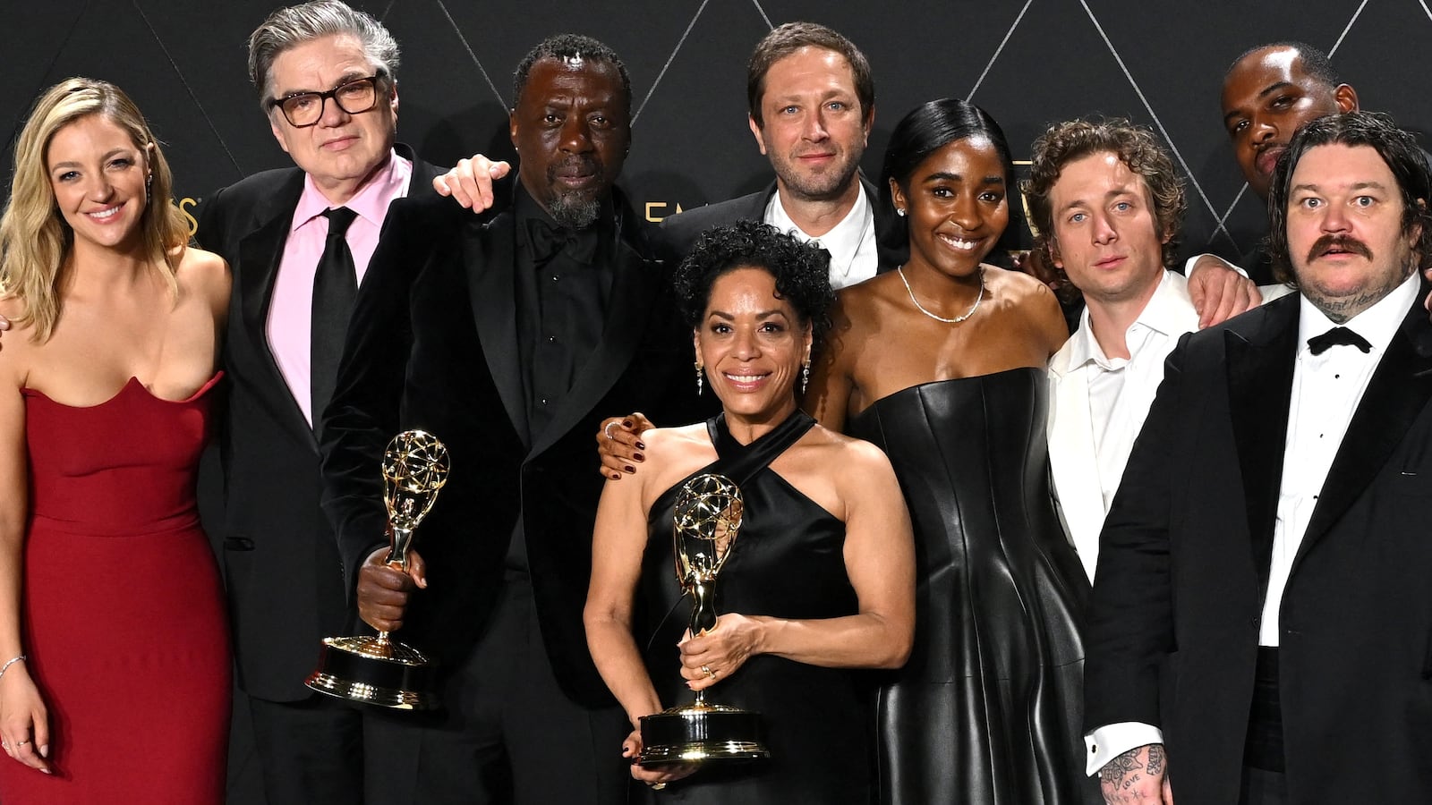 Cast members of "The Bear", (from L) US actress Abby Elliott, US actor Oliver Platt, US actor Edwin Lee Gibson, US actress Liza Colon-Zayas, US actor Ebon Moss-Bachrach, US actress Ayo Edebiri, US actor Jeremy Allen White, US actor Lionel Boyce and Canadian chef and actor Matty Matheson
