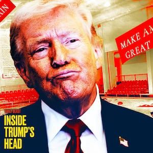 Donald Trump in an empty rally space.